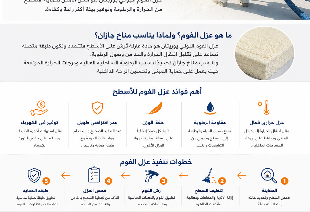 عزل فوم بجازان لمقاومة الحرارة والرطوبة، مع تنفيذ احترافي لعزل الأسطح من شركة اتقان العزل وفنيين متخصصين وضمان يصل إلى 10 سنوات.