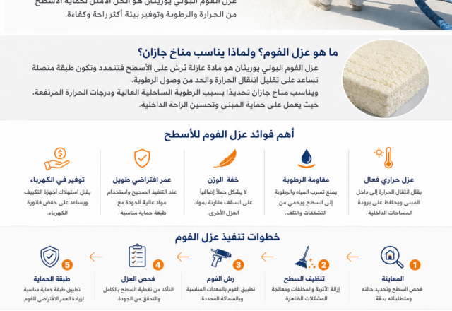 عزل فوم بجازان لمقاومة الحرارة والرطوبة، مع تنفيذ احترافي لعزل الأسطح من شركة اتقان العزل وفنيين متخصصين وضمان يصل إلى 10 سنوات.